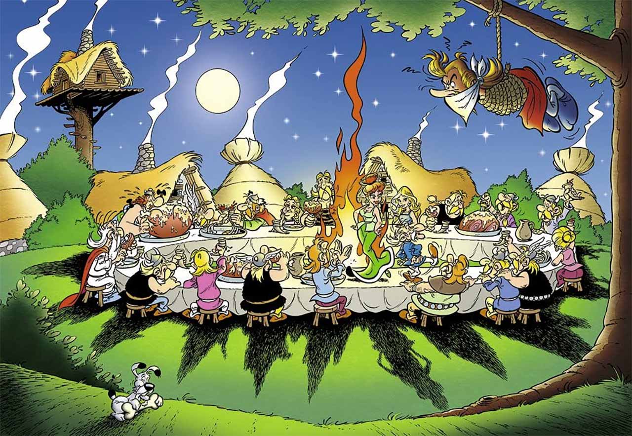 O COVID19 e a aldeia irredutível . Banquete do Asterix com o bardo pendurado na arvore